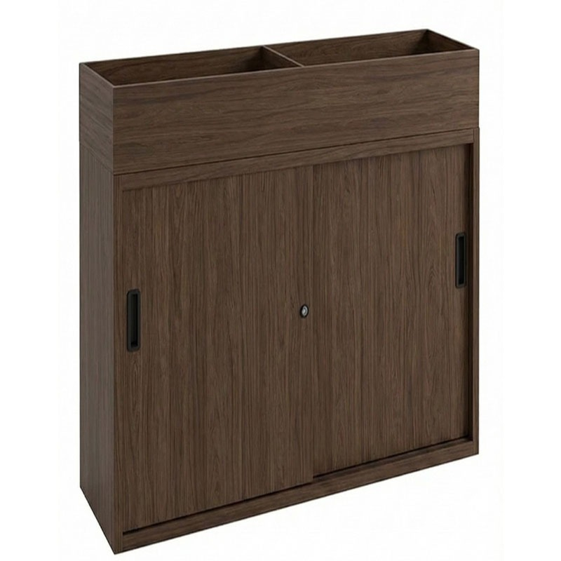 donker walnoten plantenbak met schuifdeurkast 