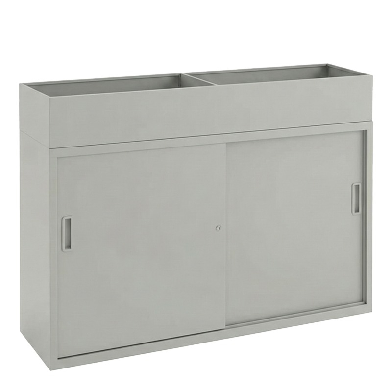 parelgrijze kast voor op kantoor met plantenbak 120