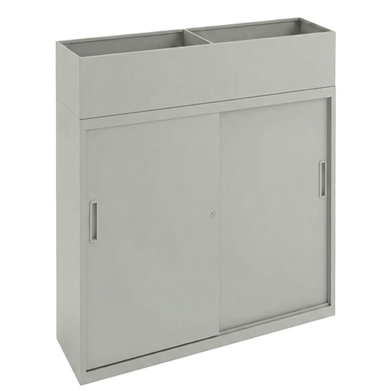 parelgrijze kast voor op kantoor met plantenbak