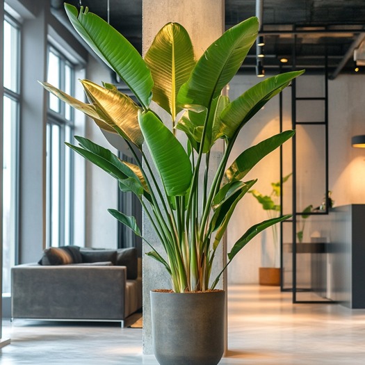 Grote bladeren, Strelitzia in ronde plantenbak. Grote bladeren, Strelitzia in ronde plantenbak.