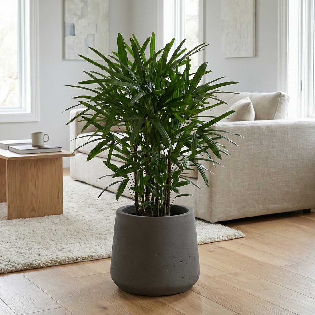 Rhapis in grijze bloempot in woonkamer