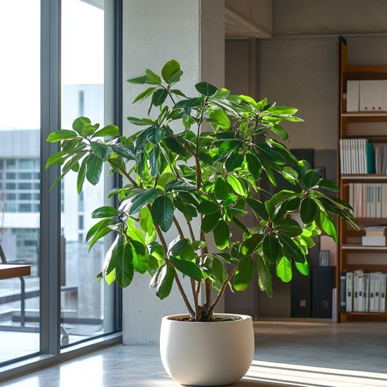Schefflera met grote bladeren in witte plantenbak. Schefflera met grote bladeren in witte plantenbak.