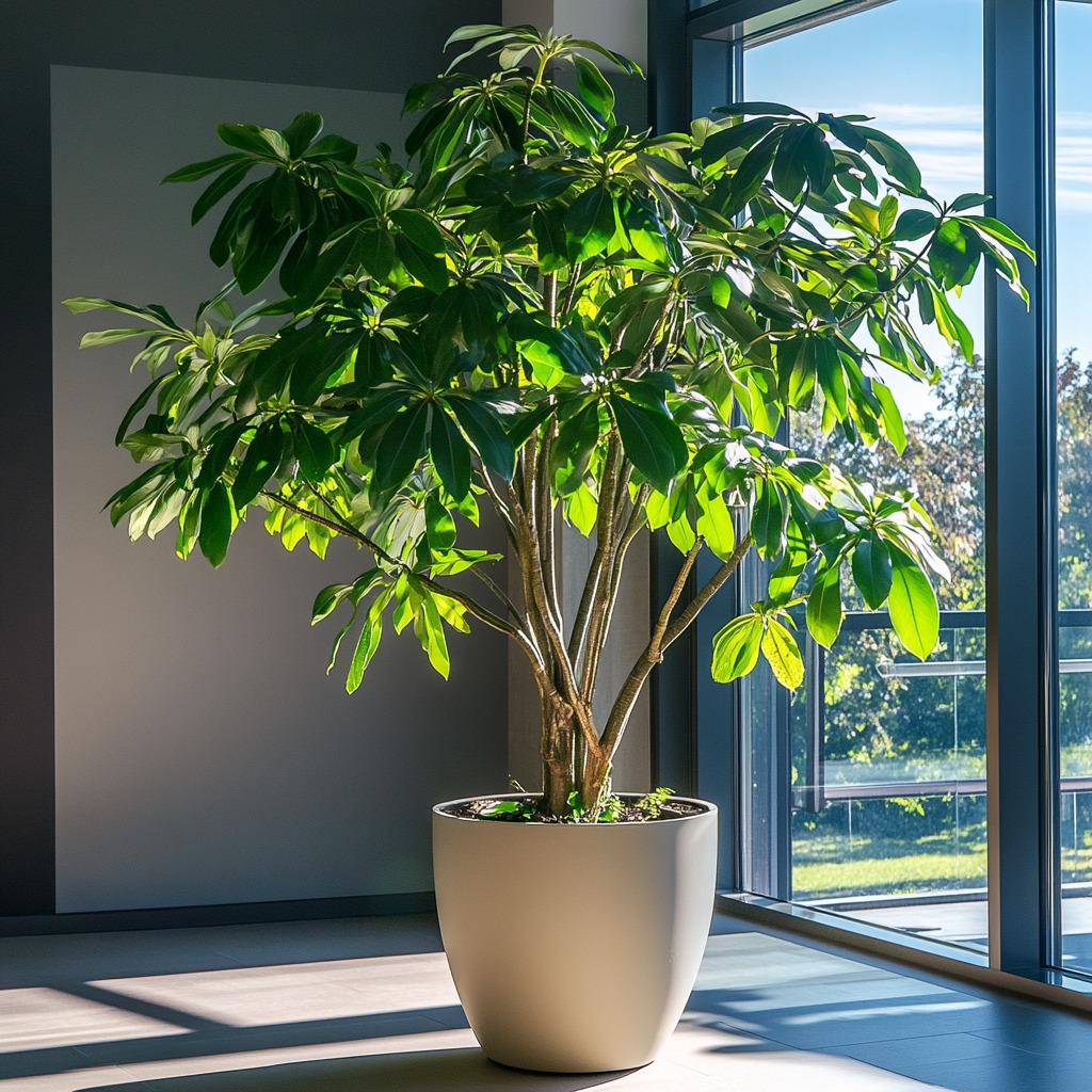 Grote Schefflera bij het raam. Grote Schefflera bij het raam.